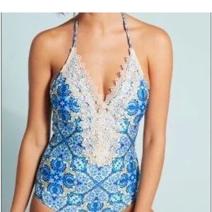 Anthropologie Allihop Floral One-Piece Swimsuit with Lace Trim — XS